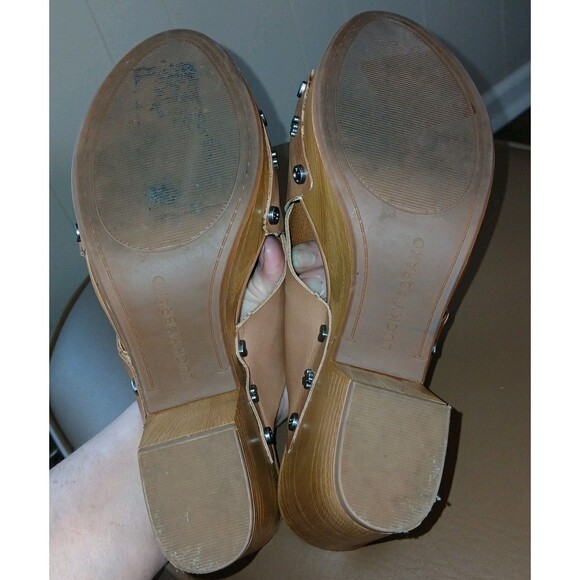 Lucky Brand Sz 6.5 Leather Nude Brown Tan Wooden Block Heel Mule Clogs Open Toe - Picture 8 of 13